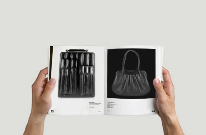 Design of a book illustrating a collection of bags organized by color.