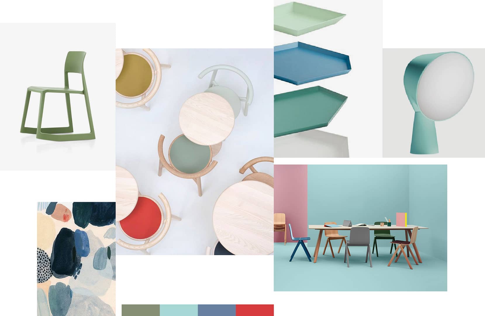 Moodboard for Philo, distribution of colors, materials and finishes harmonically matching monochrome schemes with accent, low chromaticism and surface finishes.
