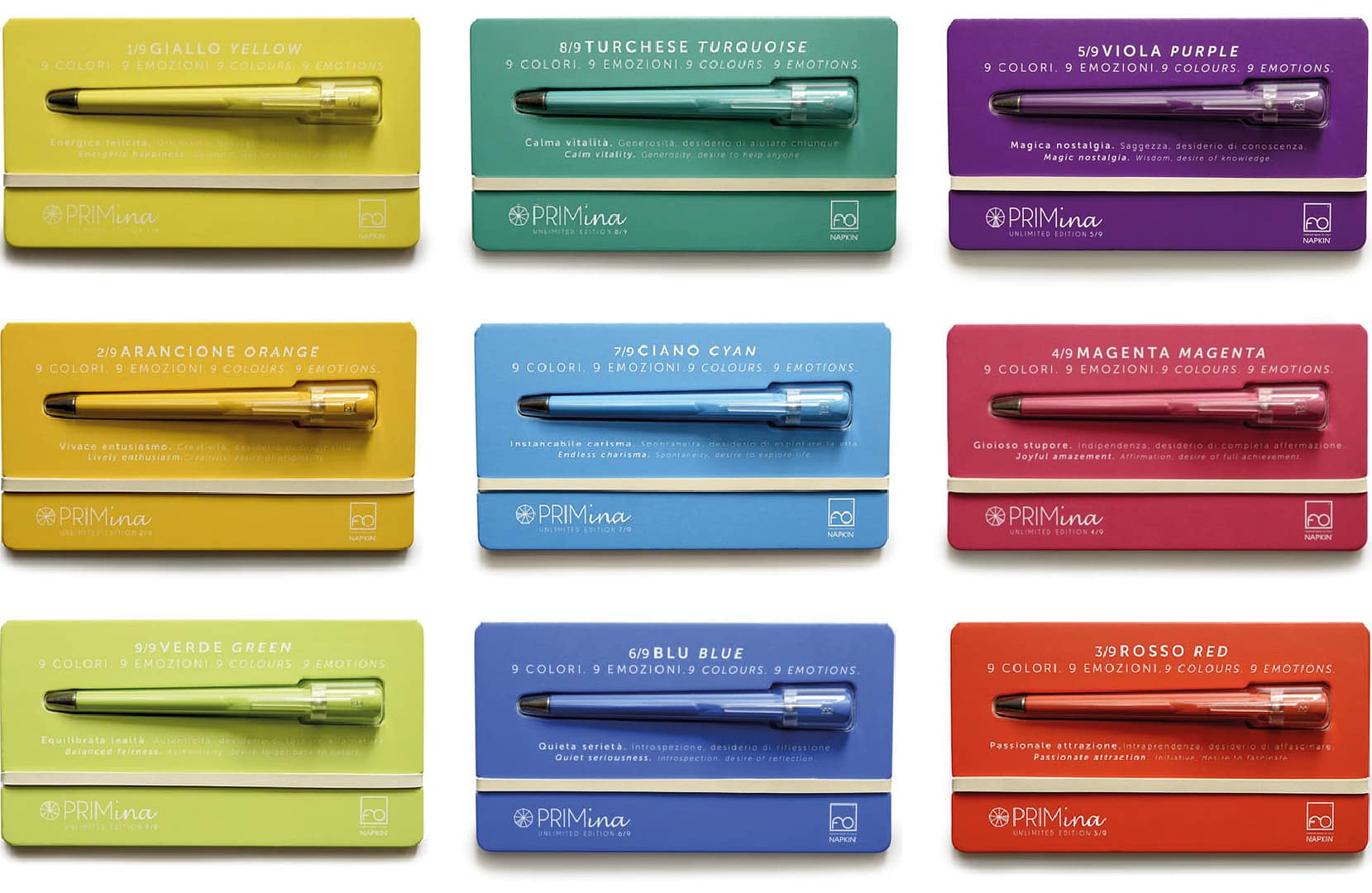 Overview of Primina pen, designed in nine colors, each carrying a different meaning, using a polygon of nine color gradations