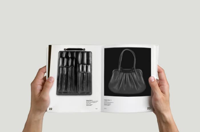 Design of a book illustrating a collection of bags organized by color.